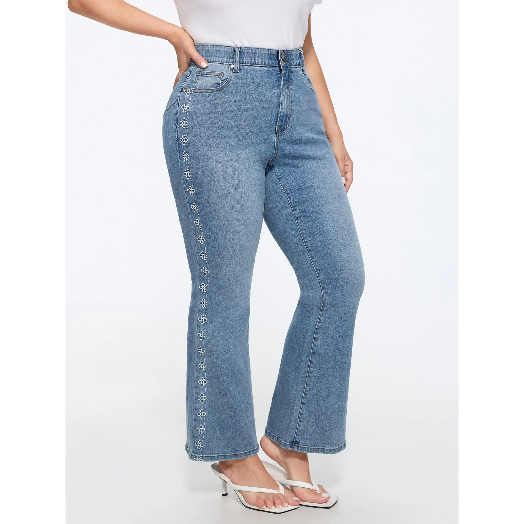 BLOOMCHIC Women's Plus Size Stretchy Vintage Wash Floral Embroidery Bootcut Jeans [M-6X] - 2026 Summerfinds, Spandex-Cotton Fabric Garment with Pocket, Lady, Bottom, Button, Denim, Bootcut Fit, Stretch Denim