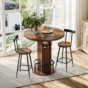 3-Piece Bar Table and Stool Set 31.5-inch round bar table with two stools Compact wooden dining bar with metal ring footrest Ideal for restaurants, cafes, bars, living rooms, and small spaces,Walnut