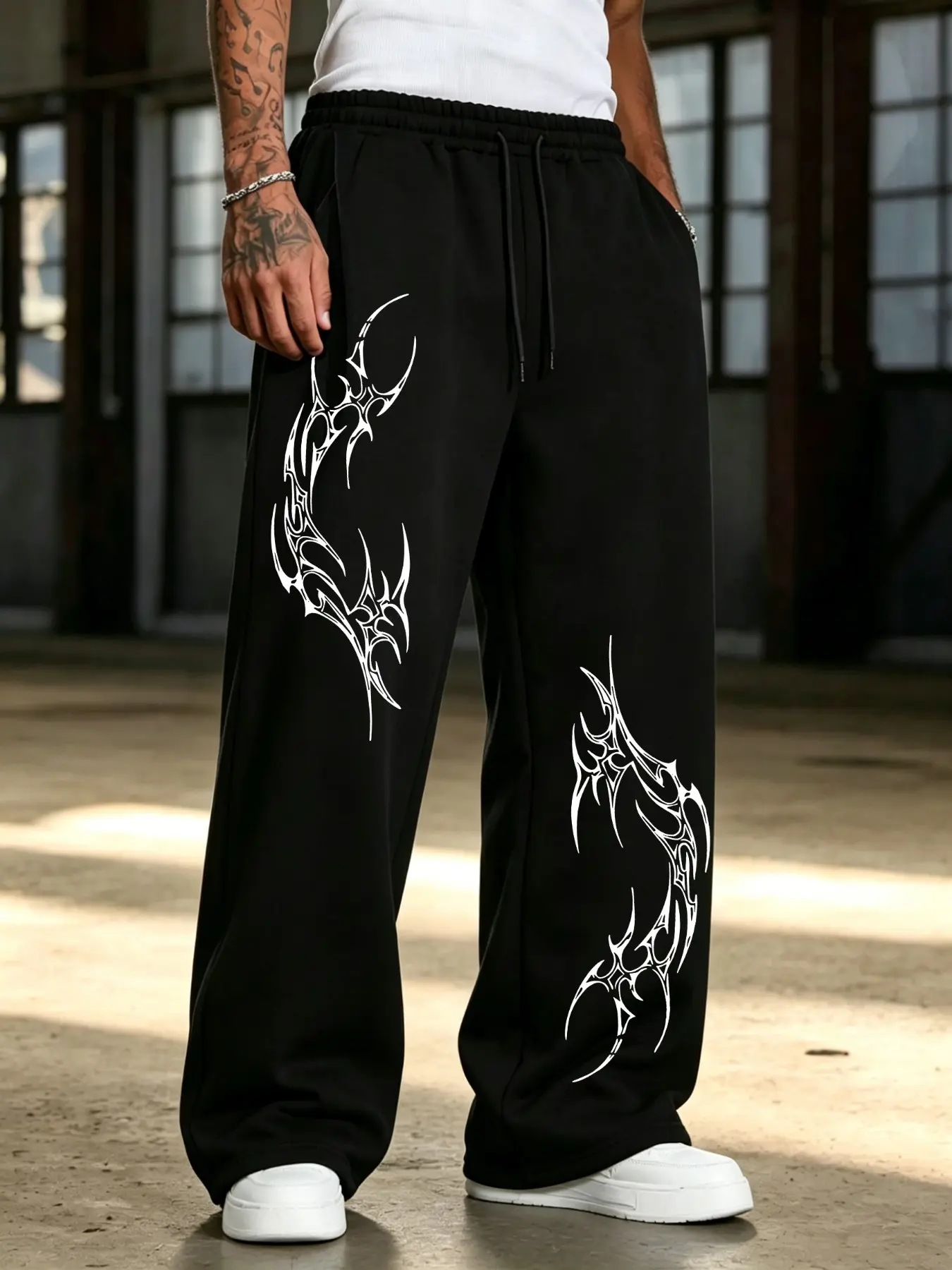 Geometric Print Street Style Adjustable Drawstring Sweatpants, Comfortable Loose-Fit Carrot-Leg Trousers, Versatile All-Season Fashion Streetwear, Casual Fashion Pants