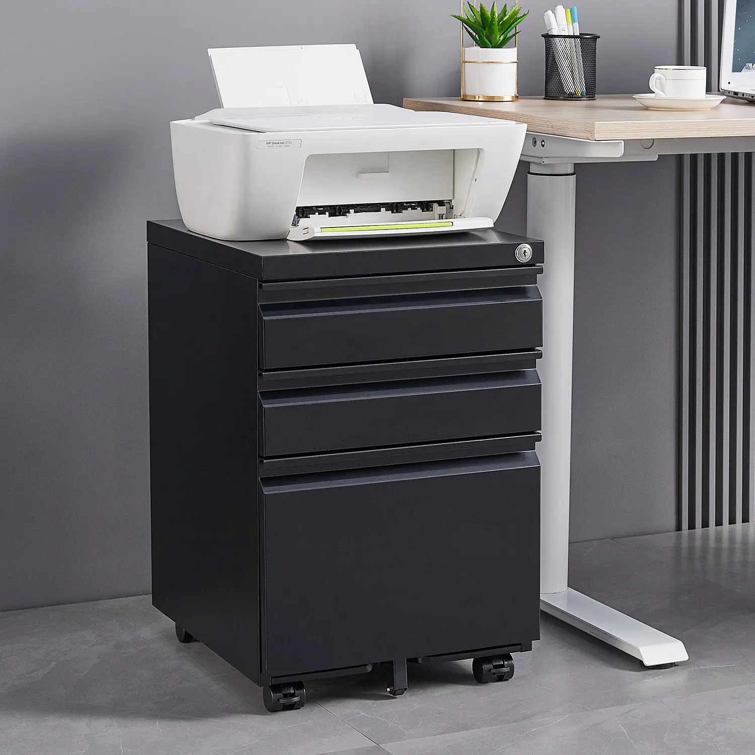 Black Metal Mobile File Cabinet - 3 Drawers, Lock, Legal/Letter Size Storage, Installation Required