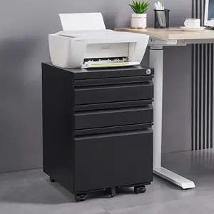 Black Metal Mobile File Cabinet - 3 Drawers, Lock, Legal/Letter Size Storage, Installation Required