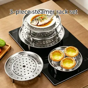 3-Pack Stainless Steel Steaming Plates (18/20/22cm), Stackable Perforated Steamer Racks, Easy-Clean Multi-Size Inserts for Home Kitchen Cooking & Food Steaming