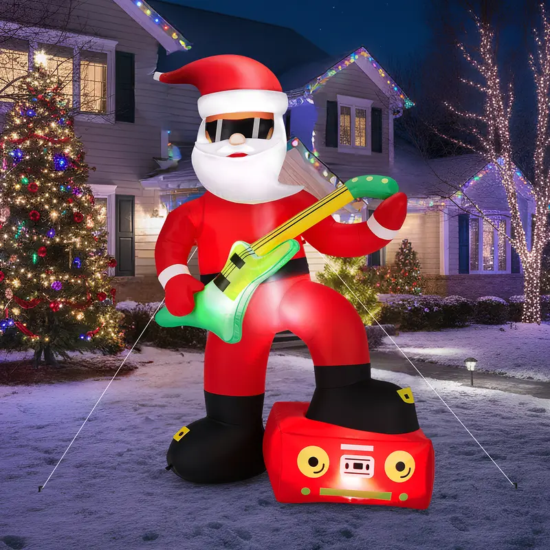 7.5FT Waterproof Lighted Plastic Funny Black Santa Christmas Inflatable with Electric Guitar - Home Decoration, Party Decoration Supplies, Photo Backdrop, 1 Adapter, Built-in Fan, 6 Ground Stakes, LED Mood Light, 140x85x225cm Outdoor Front Yard Decor