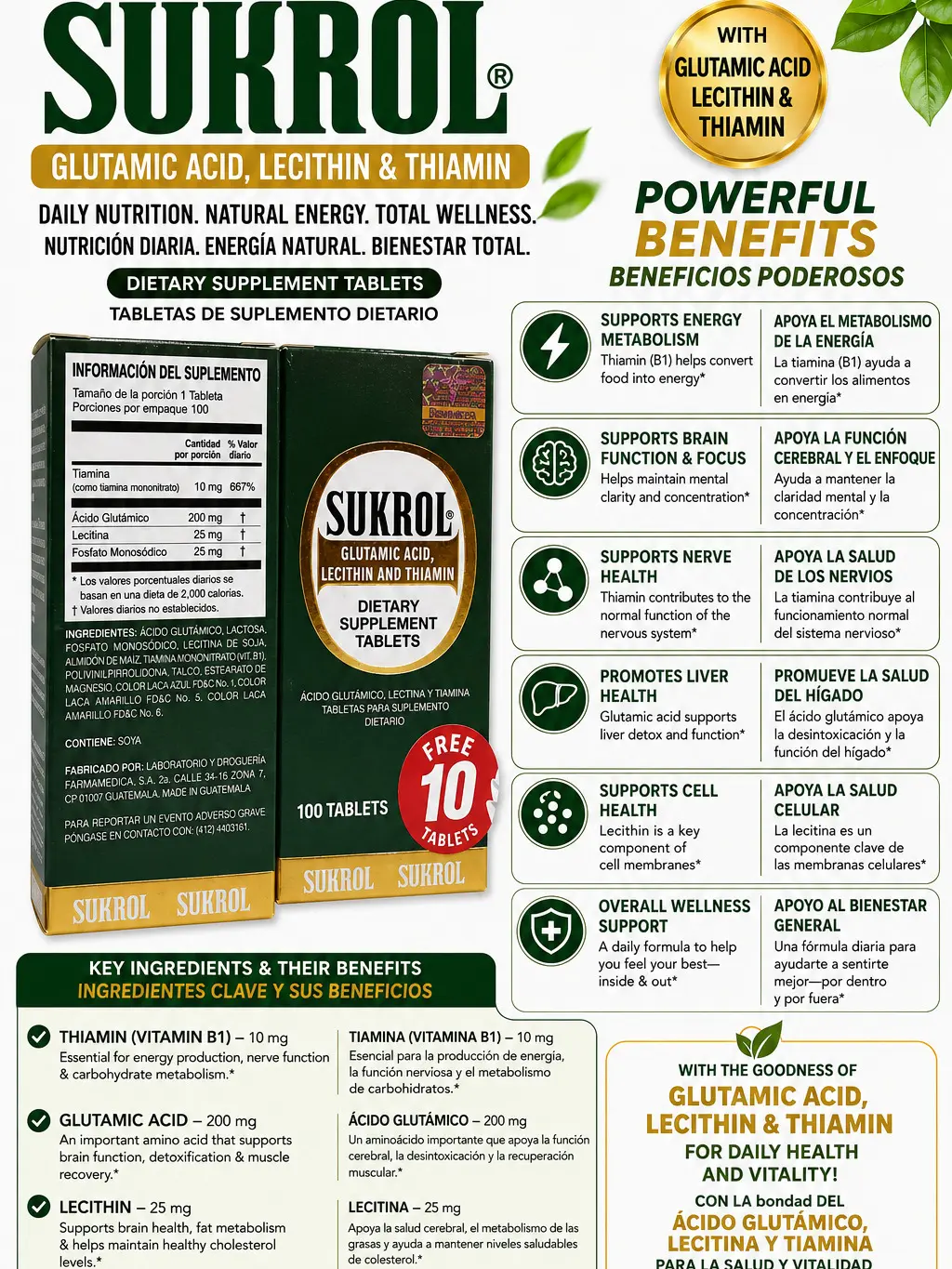 Sukrol Verde Dietary Vitamin Supplement, 100 Tabletas - Brain Support, Prop 65 Safe Healthcare Supplement