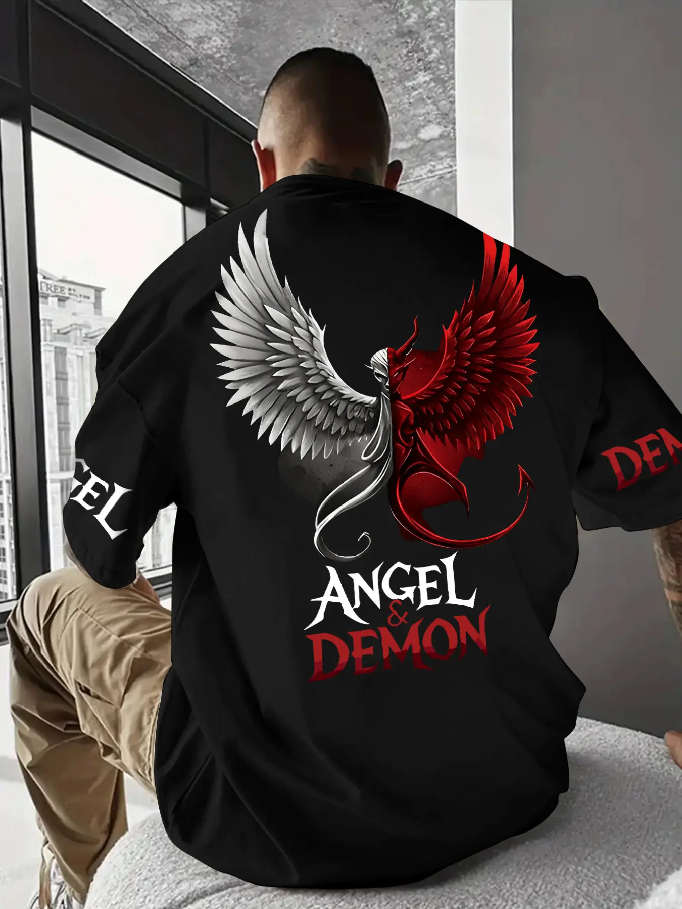 Men's Round Neck Letter Print Long-Sleeve T-Shirt, Loose-Fit Casual Mid-Weight Top for Street Fashion Streetwear