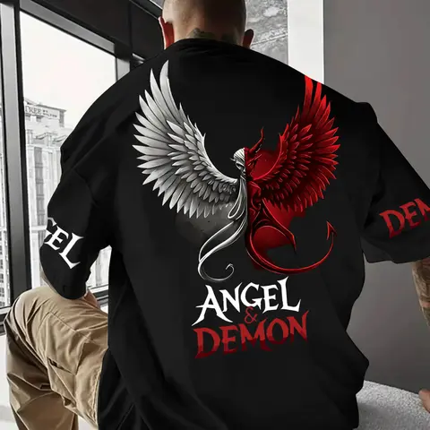 Men's Round Neck Letter Print Long-Sleeve T-Shirt, Loose-Fit Casual Printed Mid-Weight Top for Street Fashion Streetwear