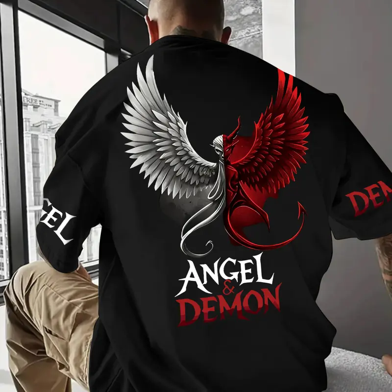 Men's Round Neck Letter Print Long-Sleeve T-Shirt, Loose-Fit Casual Printed Mid-Weight Top for Street Fashion Streetwear