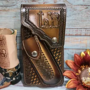 Praying Cowboy Western Phone Holster Genuine Leather Phone Belt Holster and Knife Holder Hand Tooled magnetic closure Handmade  Durable Craftsmanship Authentic Style