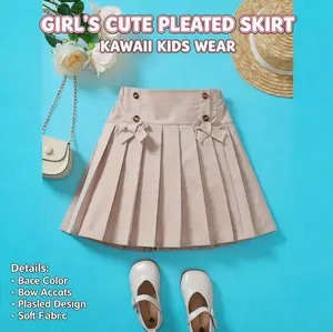 KVS 2026 Girls' Beige Solid Color Polyester Regular Flared Tiered Layer Skort - Decorative Bow Details, Button Accents, Non-Stretch, Brief Length, Machine Washable, Ideal for Spring/Summer Parties, Kids' Fashion Flared Skirt, Solid Color Skort