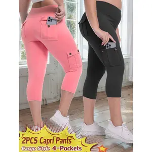 [2pcs High Waist Yoga Pants] JEGGE 2pcs High Waist Yoga Capri Pants Set, 4-Way Stretch Butt Lifting Tummy Control, Spandex Material, 4 Button Pockets, Solid Color, Three-Quarter Length, Sports Style for Workout Running, Spring/Summer Collection, Workout L