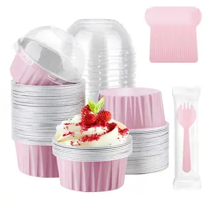 Disposable Creme Brulee Ramekins and Pink Spoons, 60pcs 5oz Mini Cake Cheesecake Pans with Lids, Aluminum Foil Ramekins with Lids Muffin Liners for Party Wedding Birthday Family Gathering