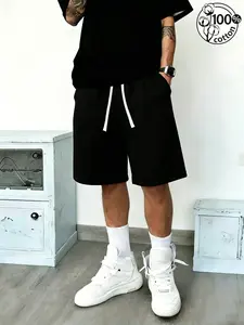 Unisex 100% Cotton Black Drawstring Elastic Casual Sporty Shorts | Loose Straight Clean Fit Athletic Five-Pocket Pants