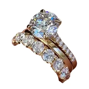 3 Piece Gold Plated Stackable Ring Set, 4 Prong Cubic Zirconia Wedding Ring, Luxury Anniversary Engagement Jewelry for Women