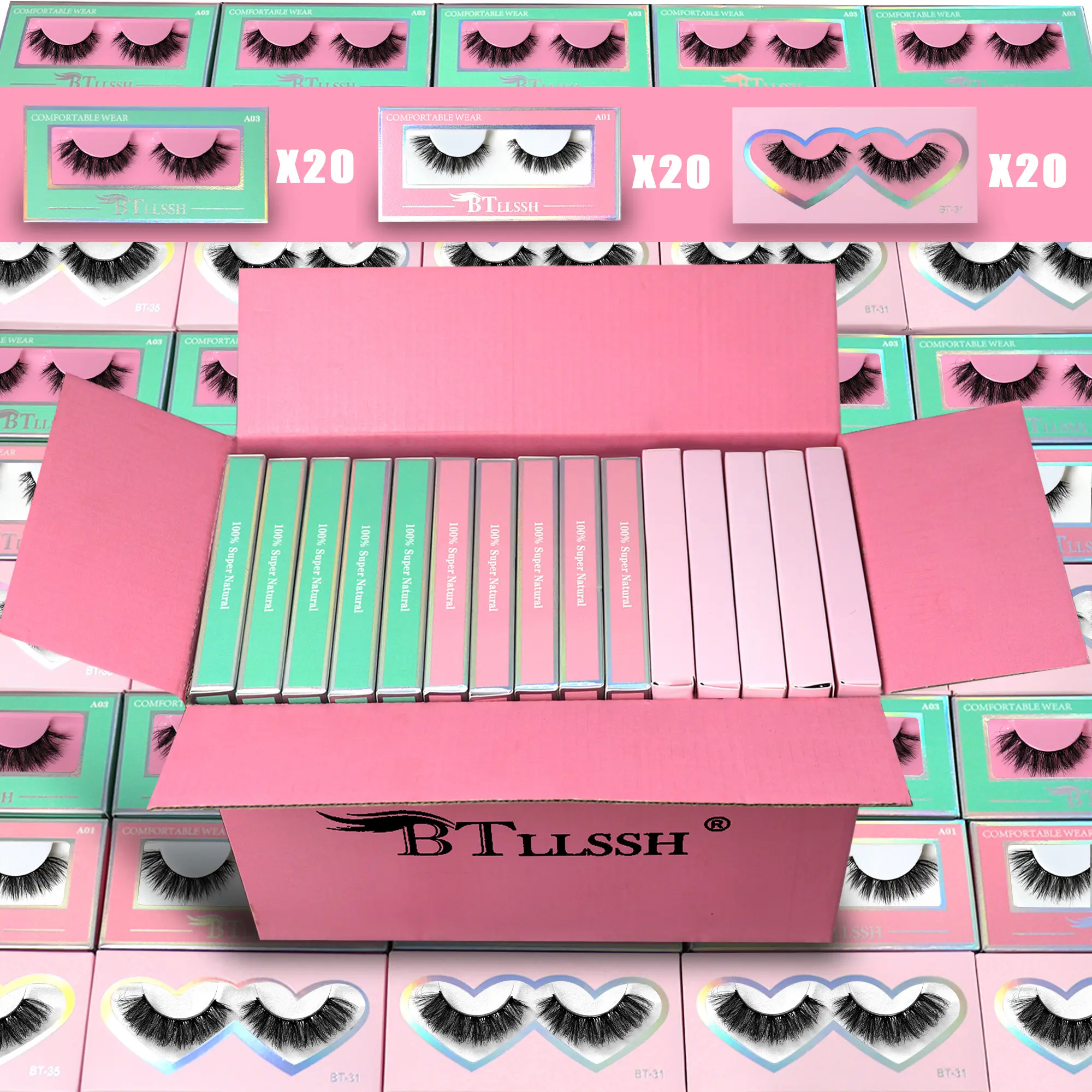 60 Pairs Gift Box False Eyelashes, Faux Lashes, Eyelash Set, Fluffy Dense Natural Look, 3 Styles & 3 Lengths, Solid Non-Flammable Liquid, No Base Unit Included