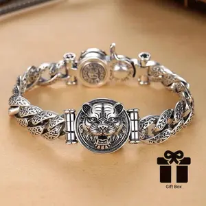 360-Degree Rotatable Unisex Neutral Bangles - Retro Fashion Costume Jewelry Accessory with Peace Symbols, Good Luck Symbols and Domineering Cool Tiger Motif Cuban Bracelet Bead Bracelets