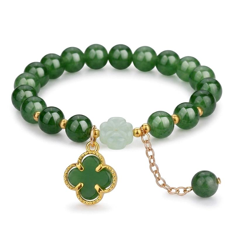 Green Agate Four-Leaf Clover Rhinestone Bead Bracelet | Lucky Bracelet—Attracts wealth and good fortune, bringing prosperity and abundance—the perfect gift for 2026!