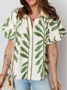 Women's Green Leaf Print Short Balloon Sleeve Button Down Shirt Collar Casual Blouse