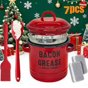 BACON Grease Keeper 46oz Enamel Container & Strainer Farmhouse Style Dishwasher Safe Set with Food Grade Silicone Spatula & Fine Mesh Strainer for Frying Roasting Baking Kitchen Utensils Rustic Lid