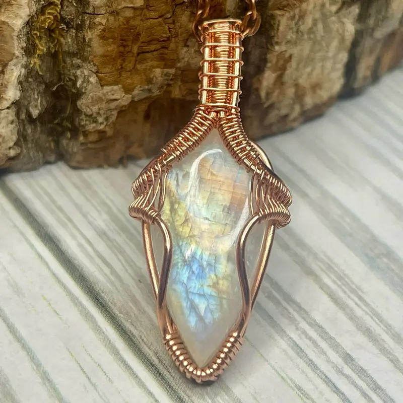 Handmade HQ Teardrop Gemmy Mini Rainbow Moonstone Copper Wire Necklace - 24 Inch, Casual, "Empress Energy", for New Beginnings, Optimism, Emotional Balance, Empaths