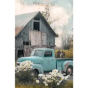 1PCS Vintage Blue Truck and Barn Diamond Painting Kit, Rustic Countryside Scene DIY Craft for Home Wall
