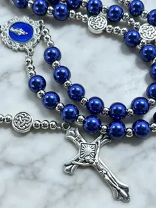Deep Blue Stone Bead Cross Pendant Necklace, Kate Chain Design, Blue Virgin Mary Accessory, Unisex Sweater Chain, Fashion Jewelry