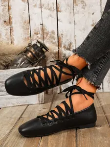 Women's Bow Wrap Square Toe Flat Ballet Style Mary Jane Shoes, Soft Sole, PU Upper, All Seasons, Fashion Commuter Streetwear