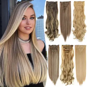 Long Straight Hairstyle 16 Clips 7Pcs/Set Hair Extensions Natural Synthetic Blonde Black Hairpieces Heat Resistant For Women natural soft hairpiece jz  styles  hair  extensions