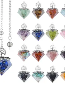 Natural Crystal Spirit Pendulum Pendant, Vintage Resin Glue Seven Color Original Stone Rhombus Adjustable Frequency Life Tree Spirit Pendulum