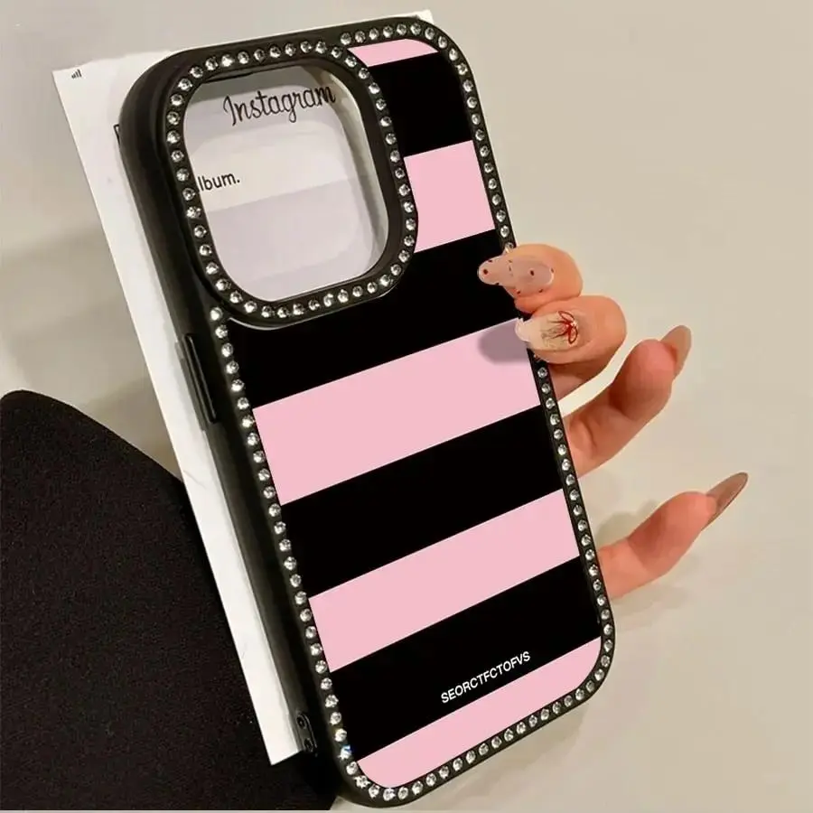 Pink And Black Striped Letters Pattern Double-Sided Diamond Transparent Mobile Slim Stripe Phone Case Thin Light TPE Material For iPhone 17 Pro Air 16 15 14 13 12 11 Pro Max Plus Air 16e Christmas Valentine's Day Gifts Protection Smartphone