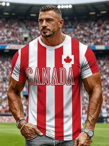 2026 Football Cup - Canadian National Team - Red and White Vertical Stripes - Canada Logo - Casual Men's Short-Sleeved T-Shirt - Full-Body Print - Muscular Design - Regular Match Day - Fan Clothing