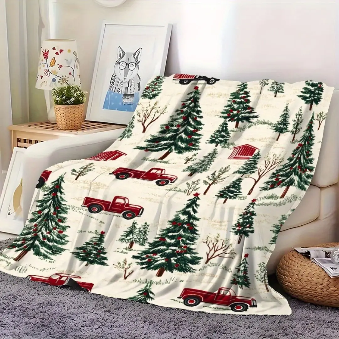 Vintage Christmas Truck Tree Flannel Throw Blanket - Soft, Cozy Air Conditioning Quilt for Living Room Decor, Bed, Sofa - All-Season Travel Blanket, Machine Washable