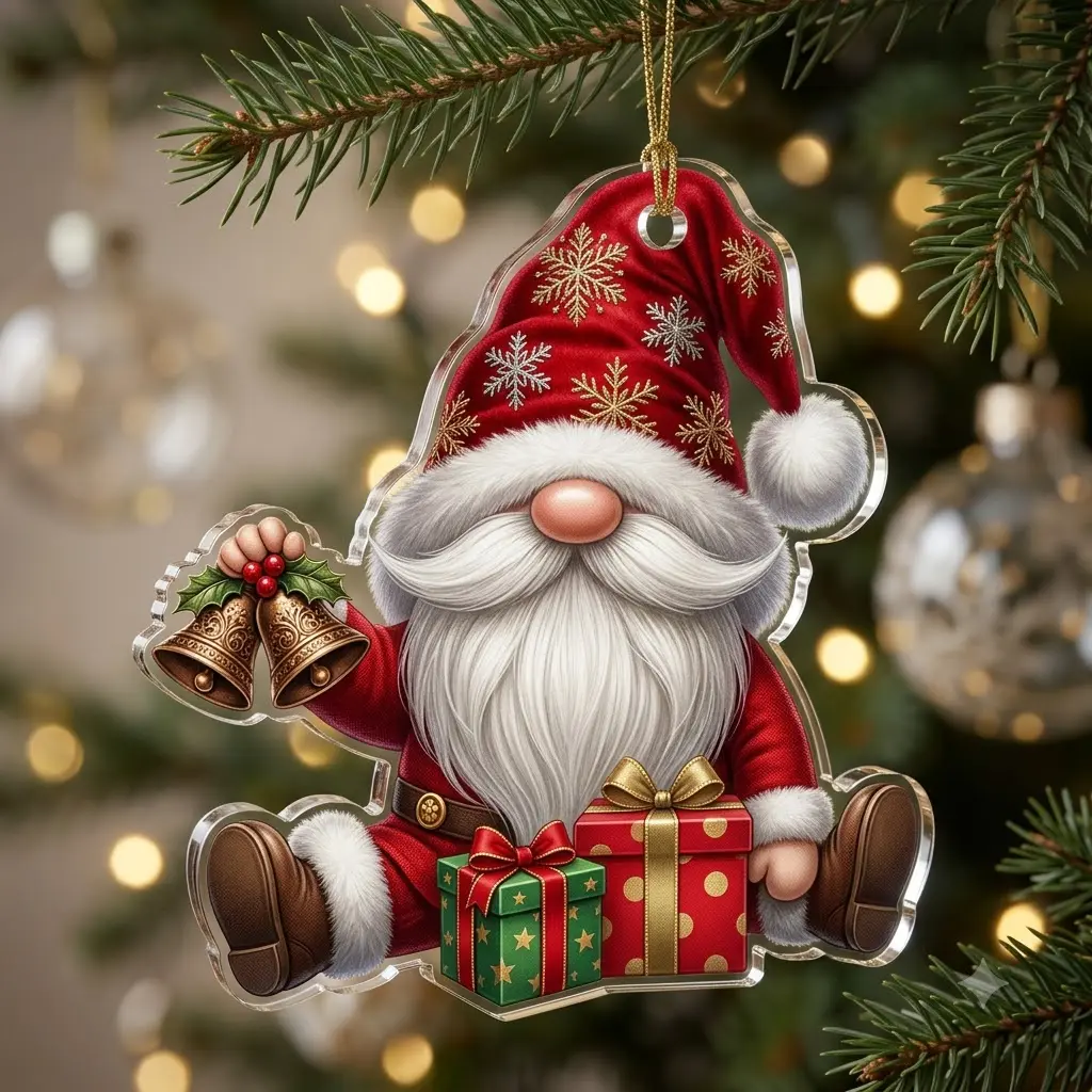 Cute Christmas Gnome Ornament, Acrylic Tree Decor with Bells and Present Gifts, Festive Nordic Tomte Nisse Keepsake, Holiday Xmas Gift