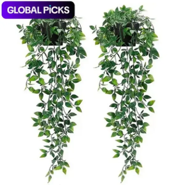 Artificial Hanging Vine Plants in Pots, 2-Count Faux Plants with Black Pots for Home & Office Decor, Decoration, Decorative Greenery for Indoor & Outdoor Garden Shelves #GLOBAL PICKS