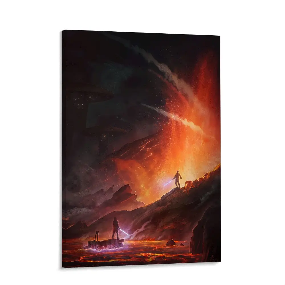 Sci Fi Space Wall Art Canvas Poster Orange Black Fantasy Battle Scene Glowing Sword Volcanic Planet Galaxy Artwork Cinematic Modern Decor for Bedroom Game Room Living Room Dorm