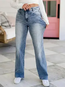 2026 Wash Denim Plus Size Women’s Fashion Straight Leg Fitted Jeans, Stretchy Comfortable Casual Basic Jeans for a Slim Look, Versatile Everyday Wear Pants