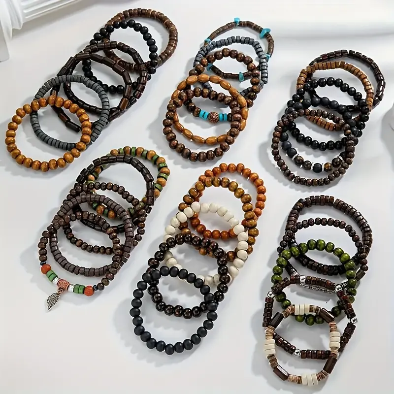[Pure Wood Stackable Bead Bracelet] 31-Piece Men's Vintage Wooden Bracelet Set, Fashionable Retro Style Wristbands for Daily Wear and Travel Gift, No Metal Pendant, Pure Material