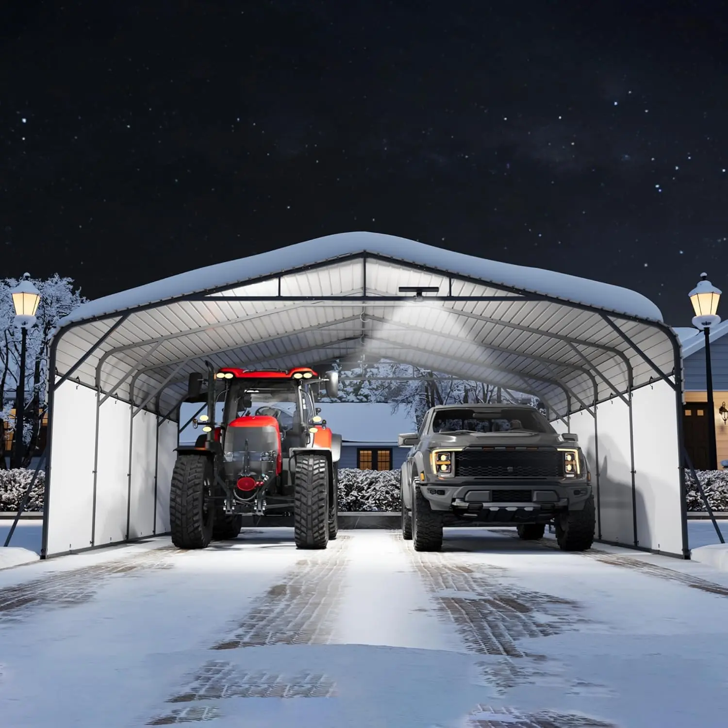 Outdoor Car Port Canopy Shelter 20x20FT Metal Carport Led Light Removable PE Sidewalls Reinforced Base Galvanized Steel Roof Portable Car Garage for Boats Full Sized Pickup Trucks