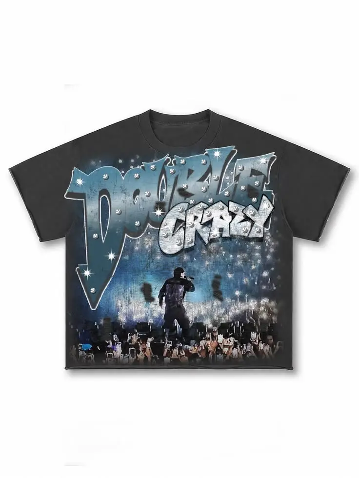 Hip Hop Rap Tee Double Crazy Vintage Graphic Tee Shirt Y2K Streetwear Oversized Boxy Fit Raw Edge Hem Heavyweight Premium Cotton Retro Concert Tee Aesthetic Streetwear Gift