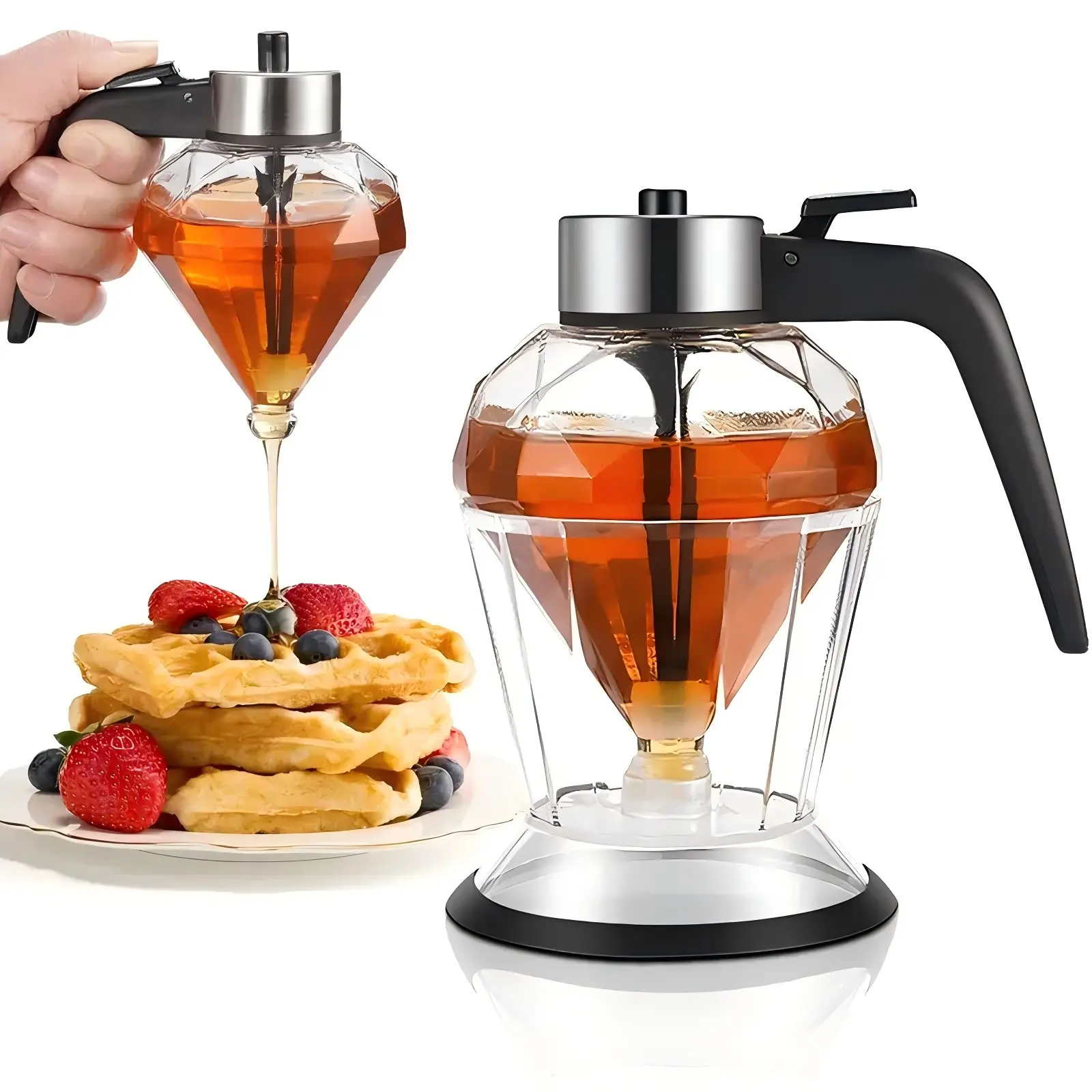 8oz Kitchen Honey Syrup Dispenser - Premium No Drip, Elegant Diamond Shape, Transparent Glass Container with Detachable Stainless Steel Top, Silicone Smooth Flow Design