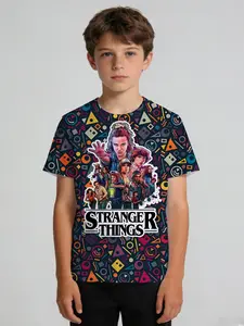Boys' Summer Creative T-Shirt: Stranger Things IP, dark base with colorful geometric prints, character group + "STRANGER THINGS" text, retro TV trendy, soft breathable, casual versatile top/gift