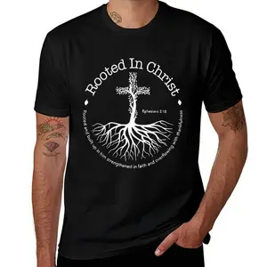 Rooted In Christ Cross Pray Bible Verse Christian Mens T Shirts Cotton Short Sleeve T-Shirt Crew Neck Tees Casual Shirt