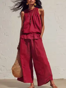 Women's Boho Cotton Linen 2-Piece Clothes Suit, Sleeveless Ruffle Top & Elastic Waist Pants, Retro Loose-Fit Solid Summer Outfit for Beach Holiday & Daily Wear, Suits