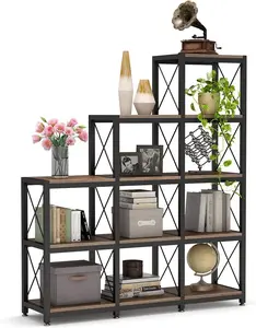 Industrial 12-Shelf Corner Bookcase - LITTLE TREE Stepped Ladder Bookshelf for Home Office