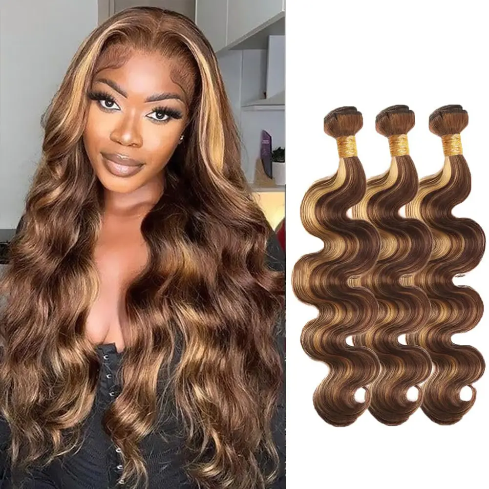 Ramiss P4/27 Highlight Blonde Bundles Human Hair Body Wave 3 Bundles Brazilian Remy Hair Unprocessed Virgin Hairs Blonde  2x6 4x4 Lace Closure with Body Wave Bundle Weaves Extensions