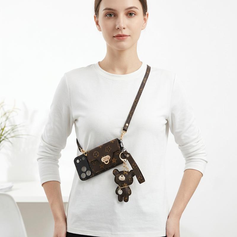 iPhone 16 Pro Max Case with Bear Shoulder Strap & Card Holder for iPhone17ProMaxCase Protective Cover with  Pattern and Gold Hardware