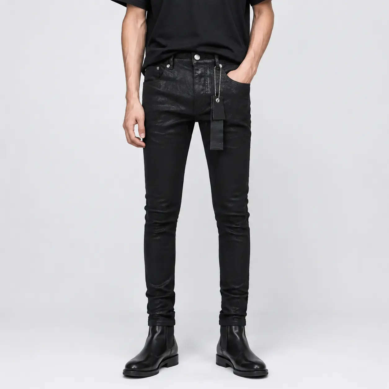 Men's High Cotton Black Skinny Denim Jeans Menswear Streetwear
