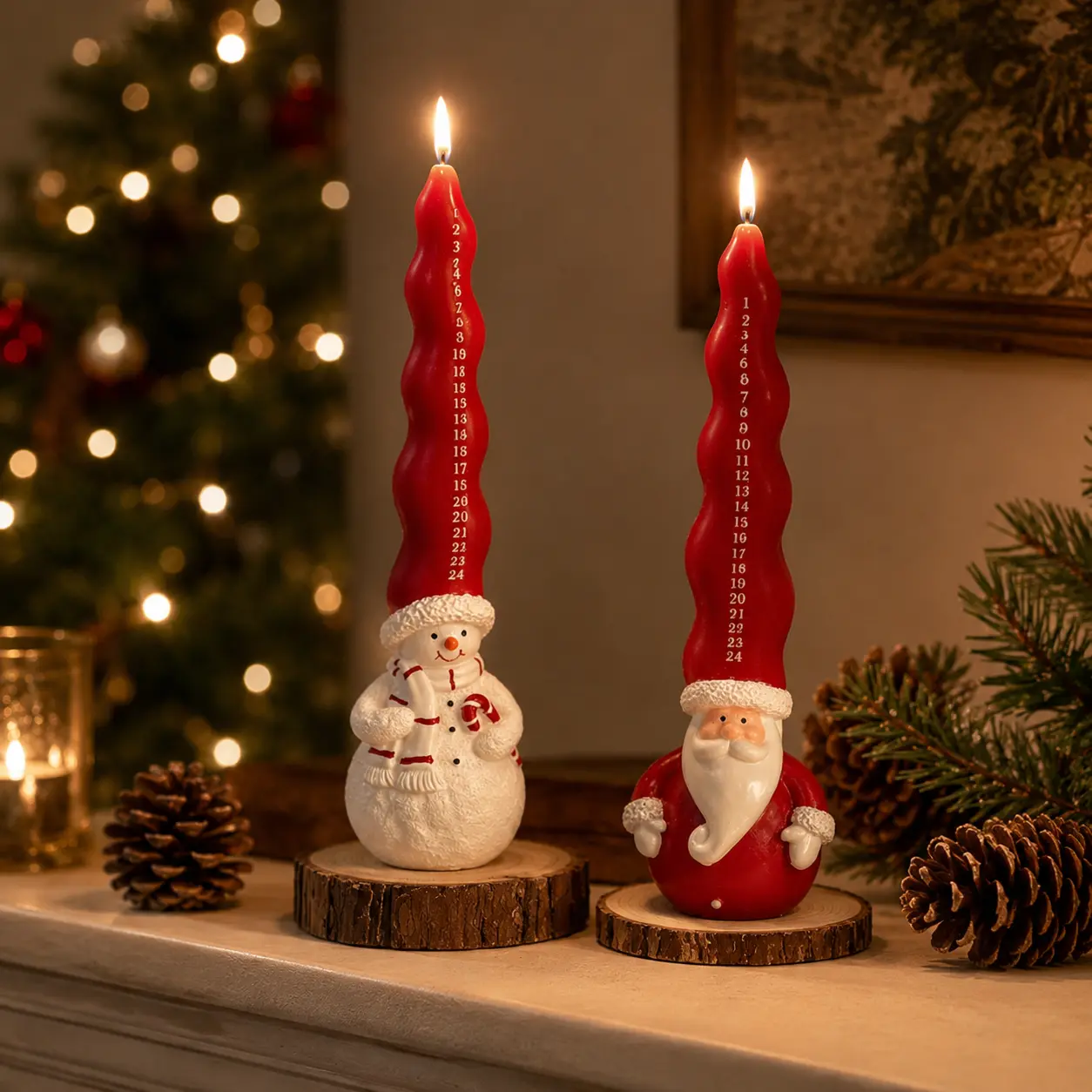Christmas Countdown Advent Candle - Santa or Snowman Sculpted Candle with 1-24 Number Markings, Light-Up Household Decoration for Window, Tabletop, Christmas Gifts (Scarf Accent), Holiday Decor