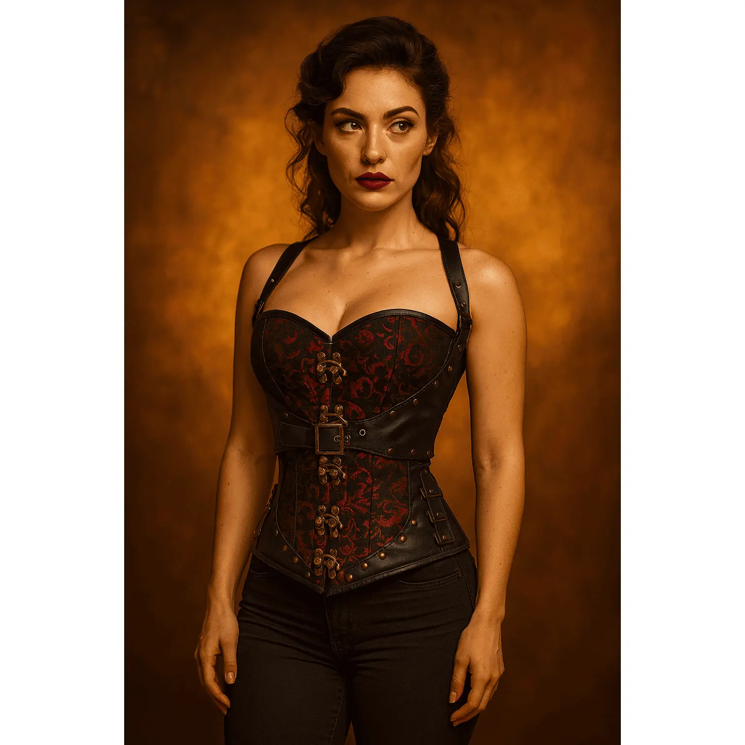 Red and Black Brocade & Leather Over bust Corset with Steel Busk and Buckles