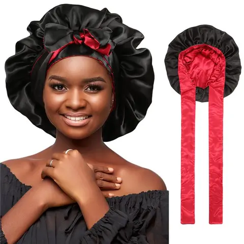 Women's Double-Layer Satin Bonnet - Elastic Adjustable Reversible Black & Red Solid Hair Wrap with Tie Band, Female Anti-Hair Loss Haircare Cap for Sleeping
