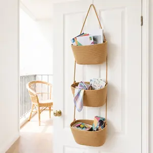 Hanging Over the Door Organizer, 3-Tier Woven Cotton Basket, Wall-Mounted Storage Bag, Decorative Nursery Baskets target baskets ideal storage shelf shelf storage basket woven basket storage basket,  Khaki pink